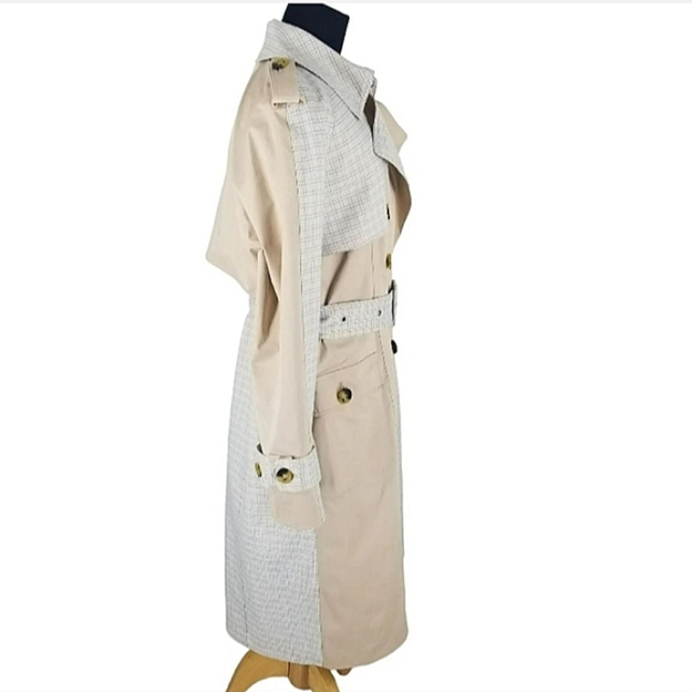 NWT AVEC LES FILLES Women's Mixed Media Plaid Cotton Trench Coat L - Picture 5 of 12